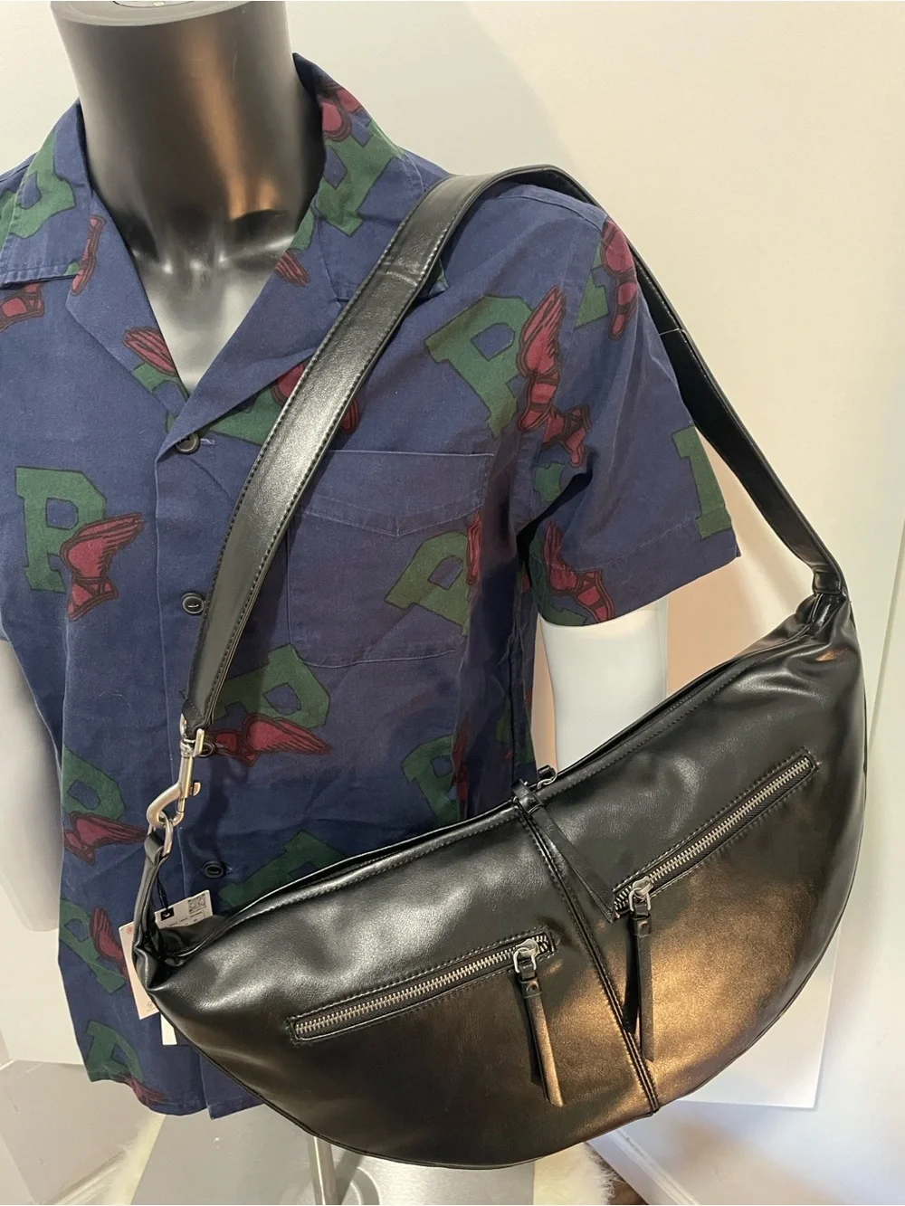 Zara Black Crescent Leather Messenger Bag